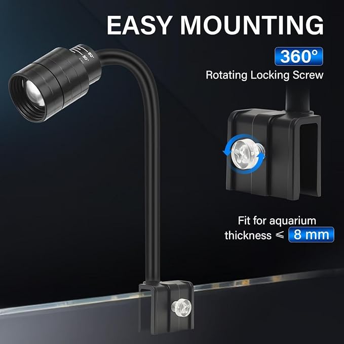 3W Fish Tank Light 3 Color Modes Clip on Aquarium Spotlight with Adjustable Focus Aquarium Focus Light with 10 Brightness Levels
