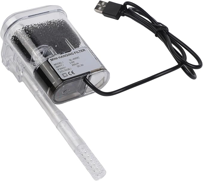 Aquarium External Filter USB Powered Waterfall Circulation Pump with Adjustable Flow for 3-5mm Glass Tanks, Transparent Plastic Hanging Back Filter for Small Fish Tank Cleaning