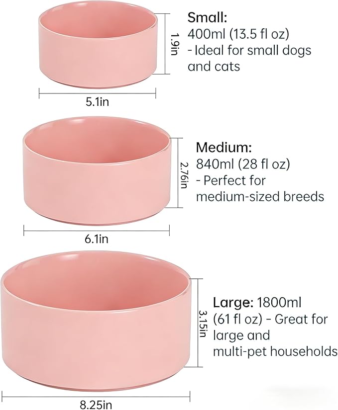 61 oz Ceramic Pet Bowl, Non-Slip Anti-Skid Base, Easy Clean Food & Water Feeder for Large Dogs & Cats – Pink