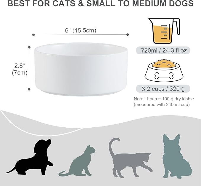 Ceramic Dog Bowl for Food and Water - Pet Feeder Bowl for Small to Medium Dogs and Large Cats - Heavy Ceramic Feeding Dish with Non Slip Base - Dishwasher & Microwave Safe - 2 Pack - 6 Inch - White