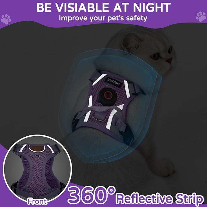 Large Cat Harness and Leash Set with Holder Compatible with AirTag, Upgraded Escape Proof Vest for Extra Large Cats Small Dogs Puppy, Reflective Adjustable Breathable Mesh Walking Jacket, Purple, XL