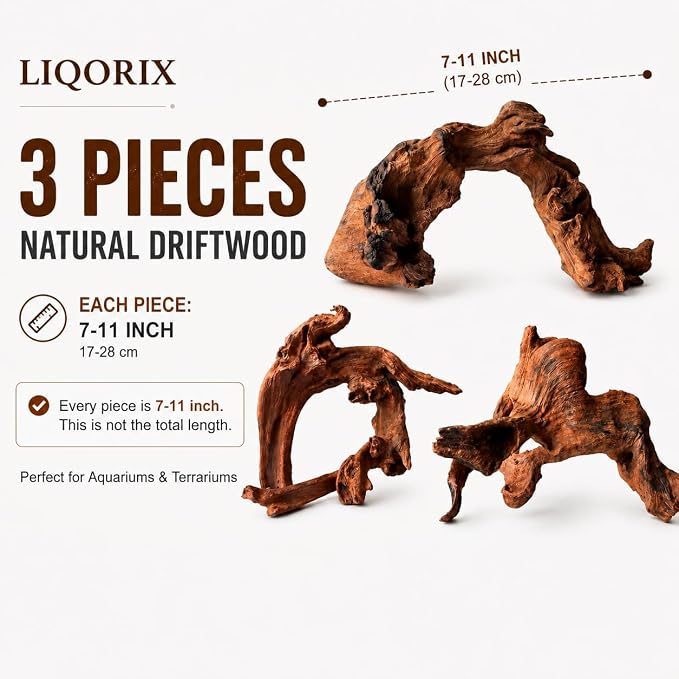 Natural Aquarium Driftwood, 7 to 11 Inch Pieces, 3 Pack, Fish Tank Decor and Aquascaping Wood for Freshwater Aquariums, Reptile Terrarium and Air Plant Display