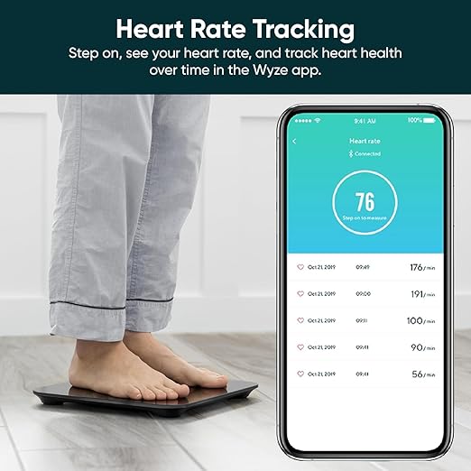 Wyze Scale, Smart Scale for Body Weight, Digital Bathroom Scale for Body Fat, BMI, and Heart Rate, Body Composition Analyzer with App, Batteries Included, Bluetooth, 400 lb (Black)