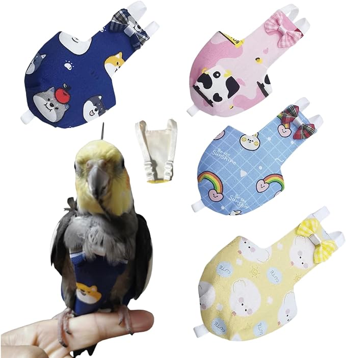Bird Diaper Protective Parrot Nappy - 4 Pack, Reusable Flight Suit with Waterproof Inner Layer, Adjustable Shoulder Straps, Washable Cute Urine Wet Suit for Parakeet Conure (Macaw)