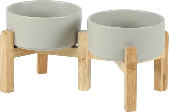 Havniva Ceramic Raised Double Bowls Set with Stand, 2 Heights Elevated, Food & Water Bowls for Small Breed Dogs, Weighted Dog Dishes, Pet Bowl(6.1'',28.7oz, Grey)