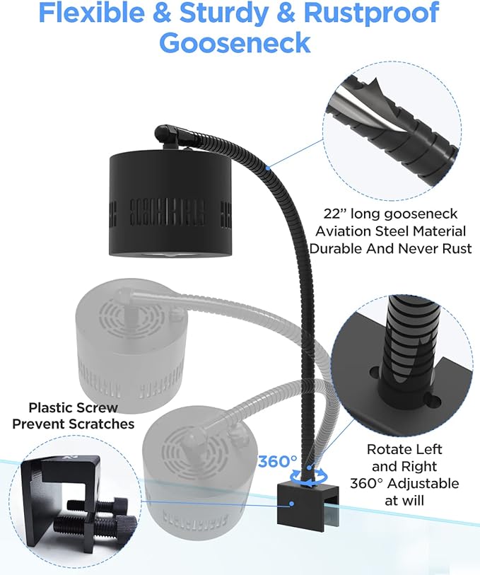 Lominie Aquarium LED Light 10 Gallon Fish Tank Light Timer Clip on Aquarium Lamp Full Spectrum 85W 6500k for Freshwater Refugium Cube Tank with Gooseneck