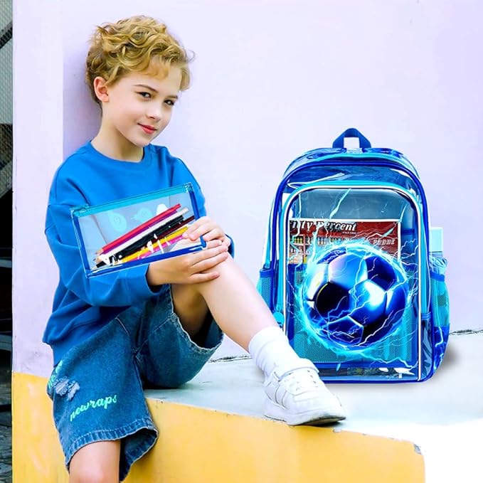 KLFVB 3PCS Clear Backpack for Girls and Boys, Kids See Through Backpacks Stadium Approved, Transparent Bookbag for Elementary