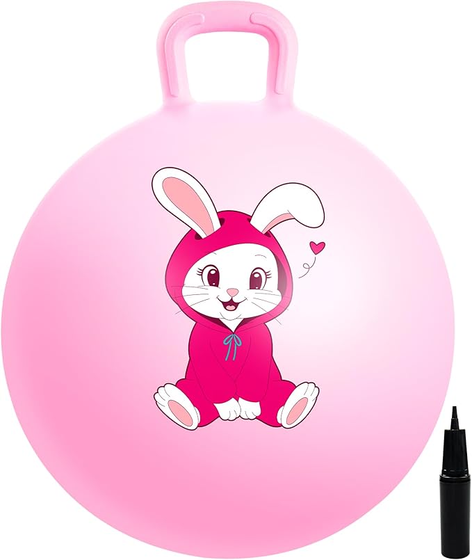 Hopper Ball, Pink Bunny Hopping Toys for Kids, 18 Inch Bouncy Ball with Handle, Indoor Outdoor Inflatable Hoppity Hop Toys for Girls Boys Gift with Pump