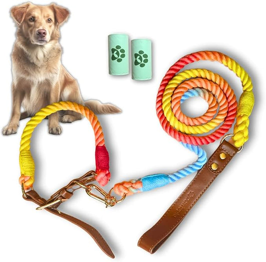 Pawtopia 5FT Dog Leash & Collar Set - Medium Dogs, Cotton Braided Rope with Vegan Leather Handle (Brown) with Two Complimentary Rolls of Dog Poop Bags (30 Bags), Durable Clasp (Vivid Rainbow, Medium)