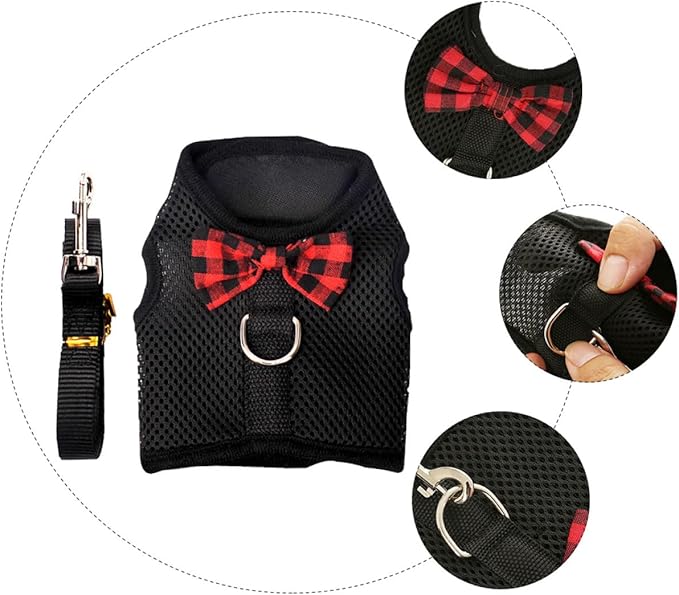 Pet Vest Harness Set Breathable Mesh Chest Strap No-Pull Adjustable Black Large 35-40cm for Small Pets Rabbit Guinea Pig Squirrel Walking