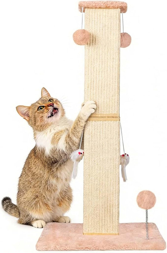 ANWA Large Cat Scratching Posts for Indoor Cats, 32" Tall Vertical Cat Scratching Post with Dangling Toys, Premium Sisal Rope Post Scratcher for Cats at All Ages, Beige