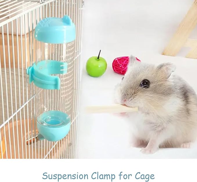 Guinea Pig Water Bottle No Drip, Plastic Hamster Water Bottle with Suspension Clamp, Hamster Cage Accessories Hanging (Blue, 80ml)