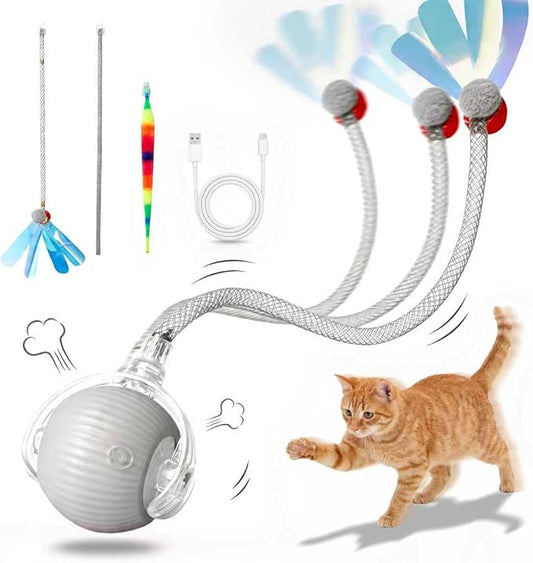 Rechargeable Smart Rolling Cat Ball, Automatic Interactive Cat Toy with 3 Modes, LED Light & 3 Replaceable Accessories, Indoor Cat Exercise Toy for Kittens & Adult Cats, for Boredom Relief Gray