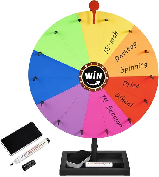 AugFir 18-inch Tabletop Prize Wheel, Prize Wheel Spinner with Stand & Storage Base, Featuring a Prize Wheel with 14 Customizable Color Sections. Suitable for Party Games, Family Games (Original)