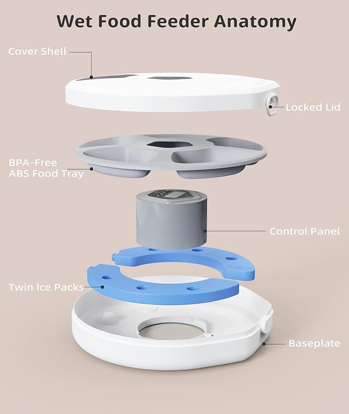 Automatic Wet Food Cat Feeder, Auto Timed Wet Cat Food Dispenser, 5 Meal Timed Programmable Pet Feeder with 2 Ice Packs for Kitten and Small Dog Food Dispenser, Dual Power & Easy to Clean