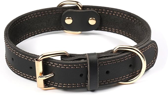 Dog Collar, Genuine Leather Heavy Duty Dog Collar for Small, Medium, Large and Extra Large Dogs (L: 1.2" Wide for 16.2"-22" Neck, Dual Stitch - Black)