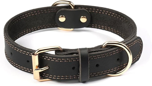 Genuine Leather Dog Collar, Heavy Duty Wide Dog Collar for Small, Medium, Large and Extra Large Dog (XL: 1.4" Wide for 18.6"-25.8" Neck, Dual Stitch - Black)