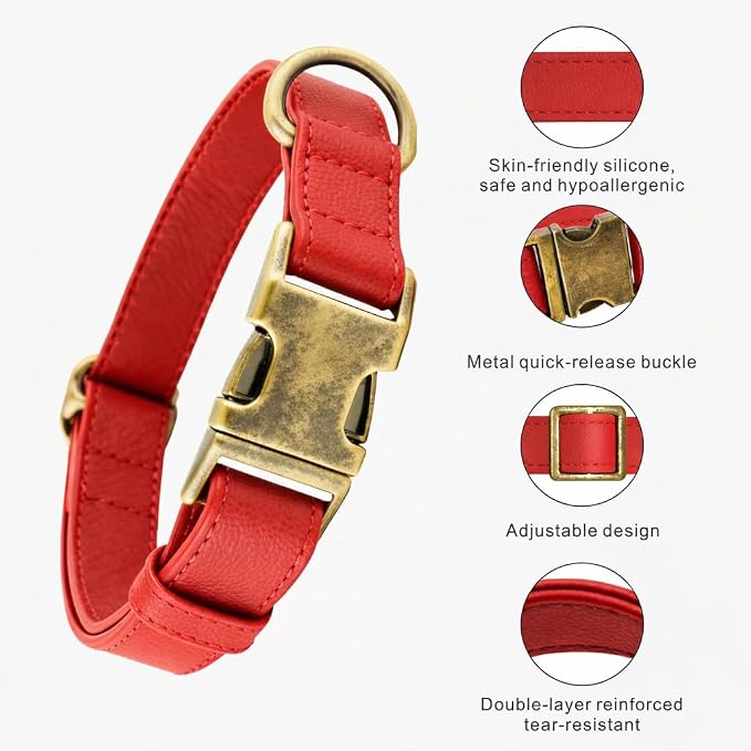 Silicone Dog Collar and Leash Set, Waterproof & Odor-Proof Puppy Collar for Small Dogs, Soft Flexible Leather-Look Dog Collars, Durable Thick Adjustable Pet Collar (Red, Small (11-15.5" Neck))