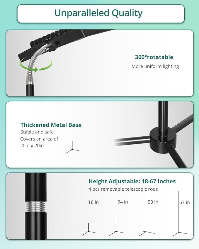 Adjustable Tripod Grow Light, Dimmable 45W 66in with Timer | 6/12/16h auto timer, adjustable floor lamp for indoor plants and aquarium refugium, supports whole plant growth stages