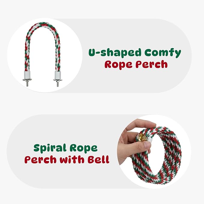 2 Pack Bird Ropes Straight & Spiral Flexible Cotton Rope with Bell Bird Cage Toys for Parakeets Cockatiels Budgies Lovebirds Conures