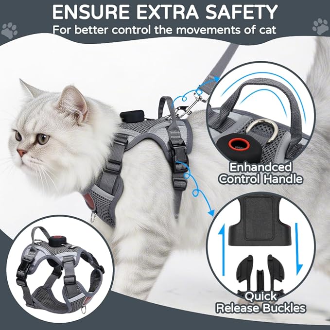 Large Cat Harness and Leash Set with Holder Compatible with AirTag, Upgraded Escape Proof Vest for Extra Large Cats Small Dogs Puppy, Mesh Outdoor Walking Jacket, Reflective Adjustable, Grey XL