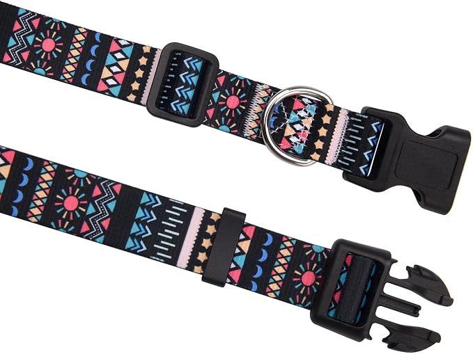 MarukoPet Dog Collar and Leash Set, Adjustable for Small Medium Large Dogs Puppy, Cute Design with Bohemia Floral Tribal Geometric Patterns Boys Girls Dog Collar(Black Bohemia Set,M)
