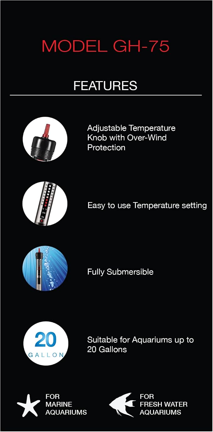 Aquatop 75W Aquarium Submersible Glass Heater – Fully Submersible for Fish Tanks Up to 20 Gallons, 68-93F Adjustable Temperature Range, Fresh & Saltwater Use, Aquarium Heaters, GH-75