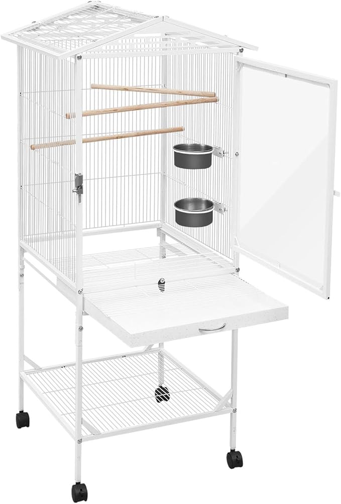 49" H Large Bird Cage with Wheels, Iron Bird Cage with Pull-Out Tray Rolling Stand Clear Acrylic Door Bird Flight Cage with Stand Bars and Feeding Bowls for Small and Medium-Sized Parrots