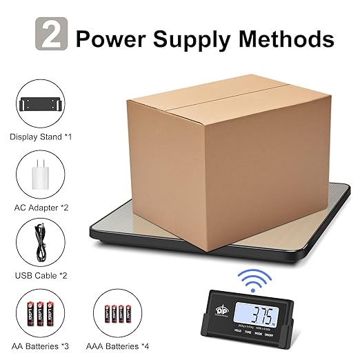 QP Shipping Scale, 440 lb/0.35 oz High Accuracy Digital Postal Scale, Postage Scale, Wireless LCD Display, Hold/Tare Function, Lightweight Scale for Packages/Luggage/Pet, Battery & AC Adapter Included