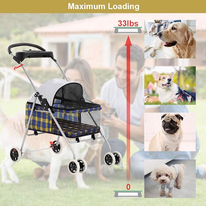 BestPet Pet Stroller 4 Wheels Posh Folding Waterproof Portable Travel Cat Dog Stroller with Cup Holder (Yellow Plaid)