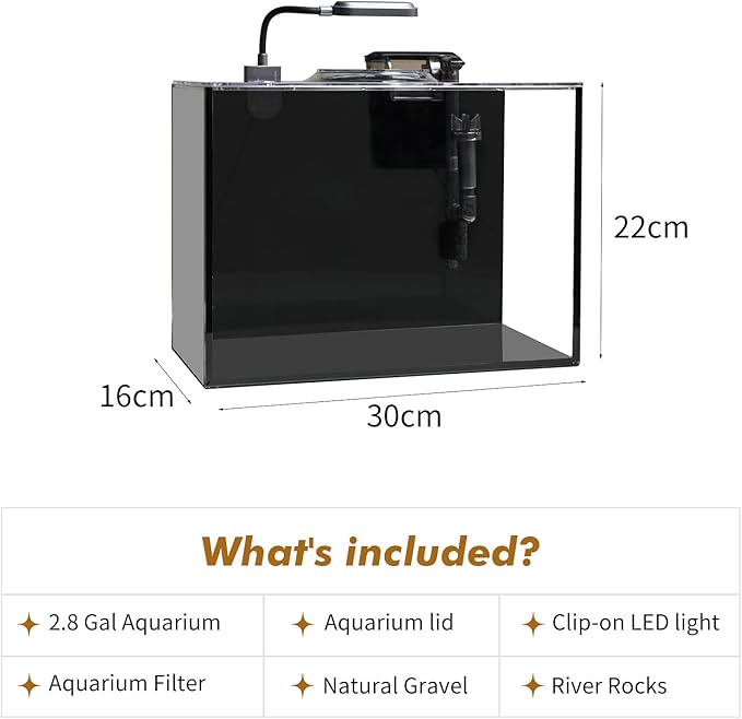 Rise Torrent Glass Fish Tank, 2.8 Gallon Betta Fish Tank Aquarium Starter Kit with Filter and Light, Small Desktop Aquarium Kit for Betta, Goldfish, Small Fish or shrimg