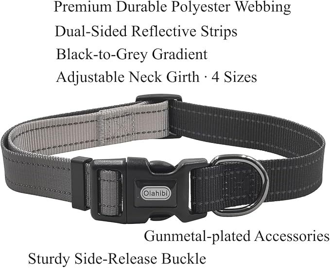 Dog Collar Leash Set, Gradient Color, with Safety Reflective Strips, 5 ft Matching Leash, Neoprene Padded Handle, Adjustable 4 Sizes for Small Medium Large Dogs.(M, Black Grey)