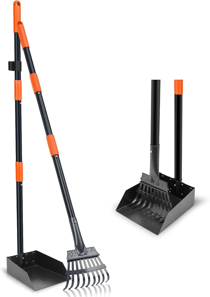 Pooper Scooper, Dog Pooper Scooper Tray and Rake Set with Adjustable Stainless Steel Long Handle for Large Medium Small Dogs