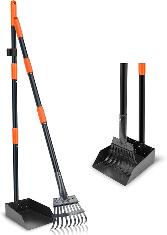 Pooper Scooper, Dog Pooper Scooper Tray and Rake Set with Adjustable Stainless Steel Long Handle for Large Medium Small Dogs