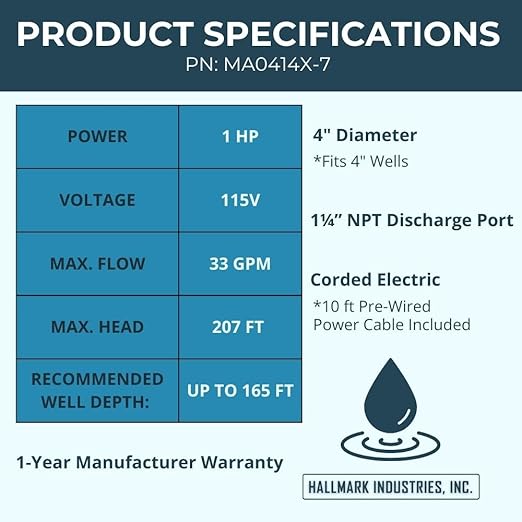 Hallmark Industries Well Pump, Deep Well Submersible Pump, 1HP, 110V 60HZ, 33 Gpm, Stainless Steel, 3.8"