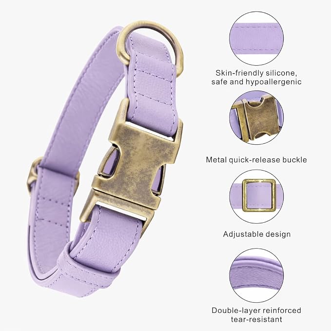 Silicone Dog Collar and Leash Set, Waterproof & Odor-Proof Puppy Collar for Small Dogs, Soft Flexible Leather-Look Dog Collars, Durable Thick Adjustable Pet Collar (Purple, Medium (12.5-20" Neck))