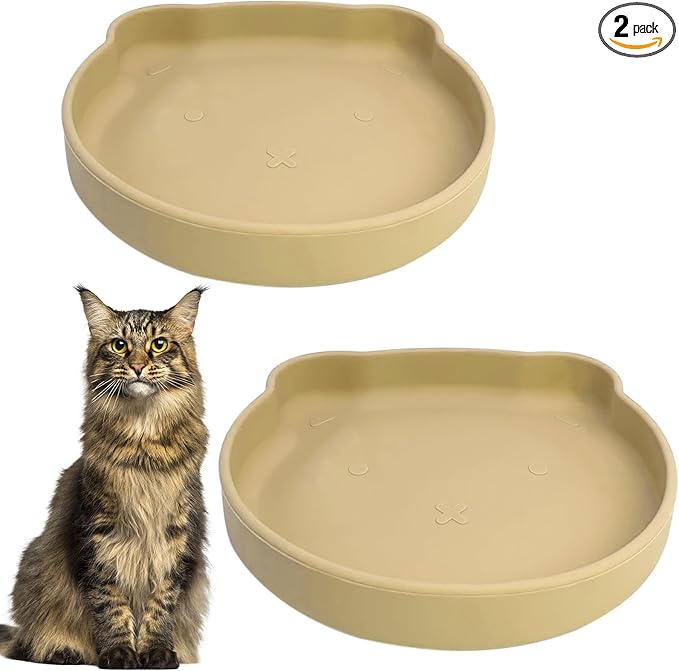 Silicone Cat Food Bowl Suction Cup Cat Dish 7" Shallow Cats Food & Water Bowls Set of 2 Non-Slip Kitty Plates Relief Whisker Fatigue Puppy Feeding Bowl for Dry & Wet Food (Beige)
