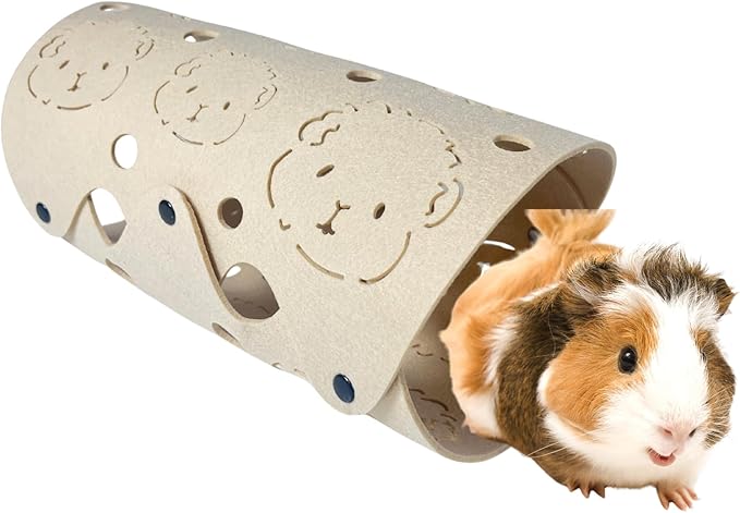 Guinea Pig Tunnel, Washable Felt Hideout for Small Cage, Durable & Breathable Small Pet Tube Toys for Zoomies, Popcorning & Resting - Cute Piggy Face Design-Beige