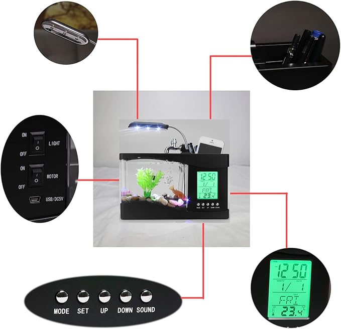 Mini Fish , Multifunctional USB Rechargeable Fish Desktop Electronic Aquarium with Clock Function LED Light Pen Holder for Office, Home