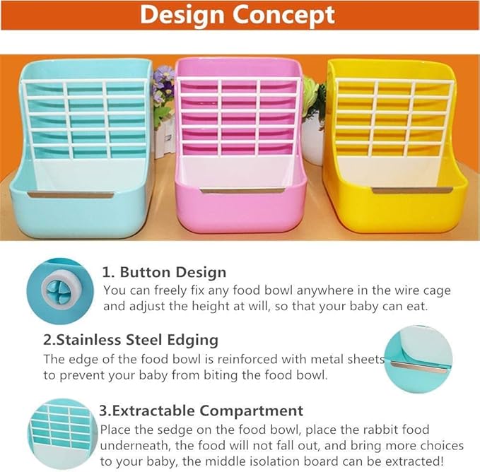 Rabbit Feeder, Hay Food Bin Feeder, Pink (Plastic), Adjustable, Removable Grass Rack, Stainless Steel Edge, for Rabbit, Guinea Pig, Chinchilla