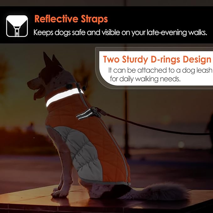 AOFITEE Dog Coat, Warm Dog Winter Coat, Reflective Turtleneck Large Dogs Jacket with Harness Built in, Turtleneck Pet Winter Jacket, Waterproof Pet Snow Jackets Fleece Vest, Orange XL