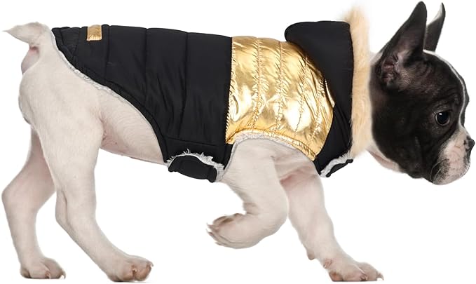 HDE Dog Puffer Jacket Fleece Lined Warm Dog Parka Winter Coat with Harness Hole 90s Black and Gold Metallic - S