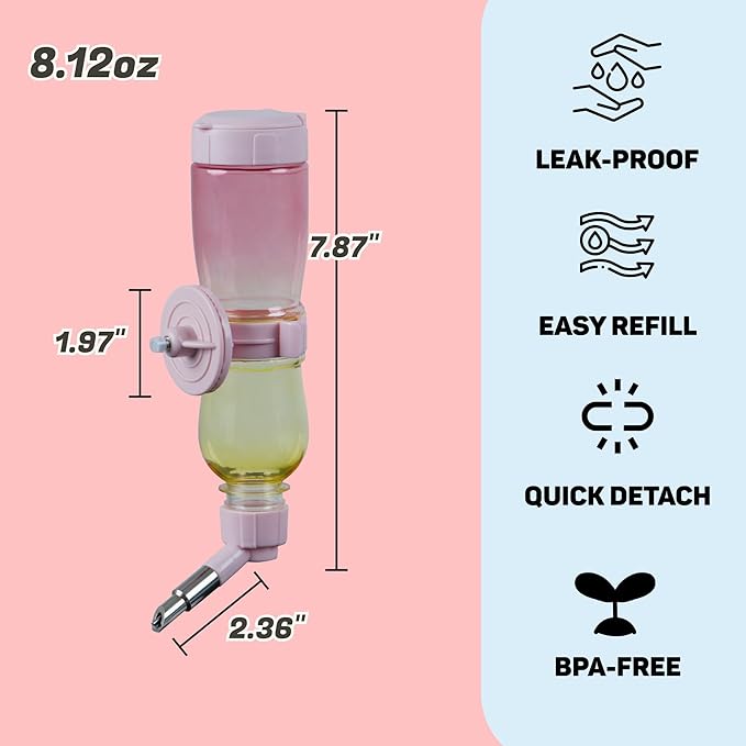Leak-Proof Small Animal Water Bottle for Chinchillas, Guinea Pigs & Rabbits, Bird & Parrot Water Dispenser (Pink, 8.12oz)