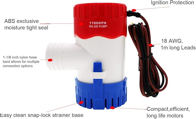 Submersible Boat Bilge Water Pump 12v 1100gph Non-Automatic Marine Electric Bilge Pump for Ponds, Pools, Spas Silent, Boat Caravan RV Submersible