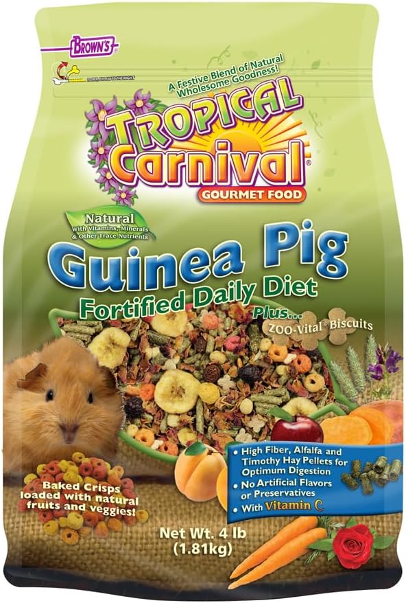 F.M. Brown's Tropical Carnival, Natural Guinea Pig Food, Vitamin-Nutrient Fortified Daily Diet with Vitamin C and High Fiber Alfalfa and Timothy Hay Pellets for Optimum Digestion, 4 lb