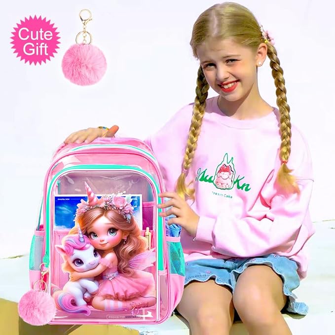 AGSDON Clear Backpack for Girls, Kids Unicorn Transparent Backpack with Heavy Duty PVC, See Through Backpacks with Lunch Bag- Pink Unicorn