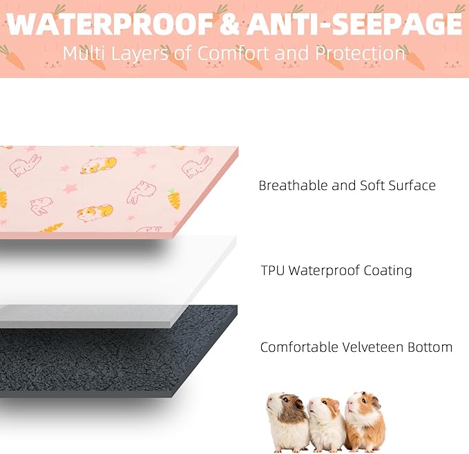 Homimp 4 Pack Guinea Pig Cage Liners, Washable Small Animal Bedding, Waterproof Reusable & Anti Slip Guinea Pig Pee Pad Fast and Super Absorbent Mat for Small Animal Rabbit Bunny Hamster, Pink 12"x12"