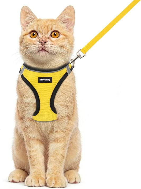 Rttochfy Cat Harness and Leash Set, Escape Proof Kitten Harness, Soft and Breathable Vest with Reflective Strip, Easy to Wear for Cats Walking and Traveling (BK Yellow, L)