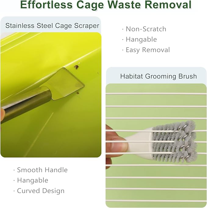 6PCS Small Animal Cage Care Kit - Stainless Steel Grooming Tools for Birds/Parakeets, Hamsters & Sugar Gliders - Includes Waste Remover, Brushes & Dustpan (Fits Wire & Plastic Cages)