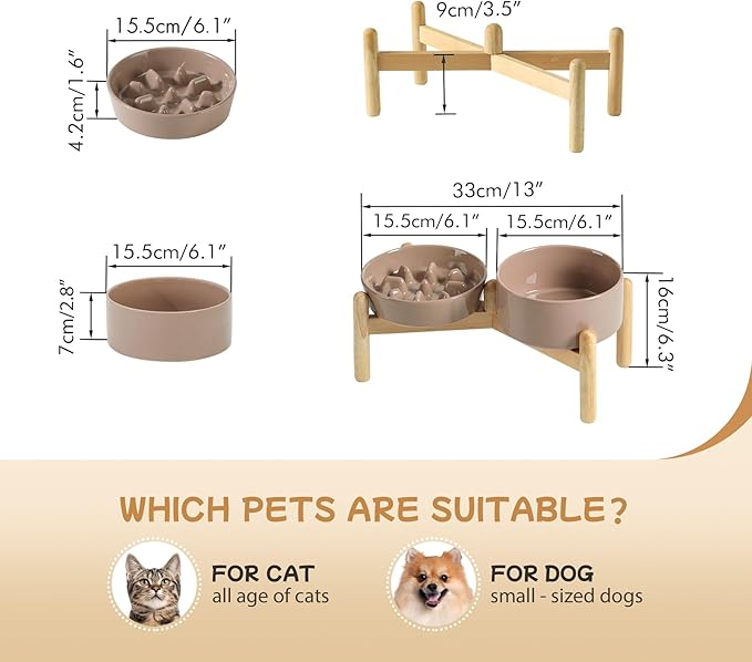 Havniva Ceramic 0.9 Cup Raised Slow Feeder Dog Bowl Set, Elevated 6.1inch Slow Dish and 6.1inch Water Bowl with Wooden Stand for Small Dogs (2 x Brown Coffee+ Stand)